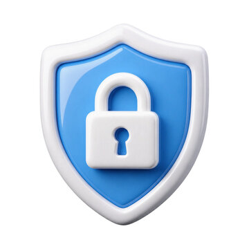 3D Glossy Blue Shield and White Padlock Icon for Cyber Security and Data Protection Concept