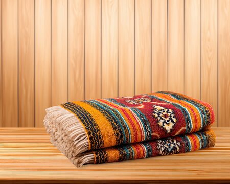 Southeast Folk Weave Colorful Woven Blanket on Wooden Table with Rustic Background Ikat Cloth Photo Traditional Loom Product Ikat Inspired Textile