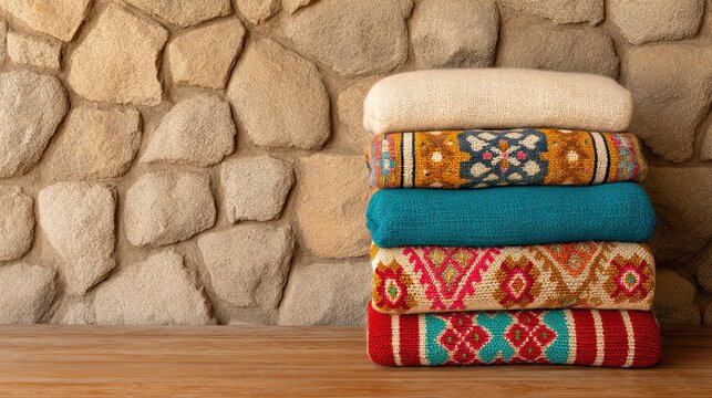 Southeast Folk Weave Textured blankets stacked against a rustic stone wall backdrop Ikat Cloth Photo Traditional Loom Product Ikat Inspired Textile