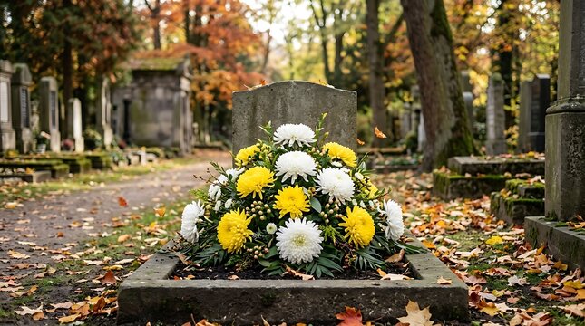 Fresh flowers on a grave in an autumn cemetery forest