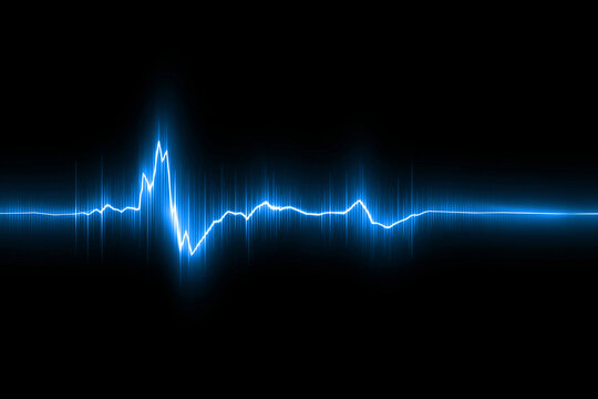 Bright blue glowing heartbeat line pulses against a dark background. Medical technology concept for healthcare digital displays.