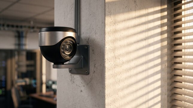 Modern smart surveillance security camera mounted on a pillar in a bright office interior