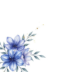 Obraz premium Watercolor blue flowers with green leaves and gold paint splatters isolated on a transparent background