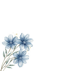 Obraz premium Watercolor blue flowers with green leaves and gold paint splatters isolated on a transparent background