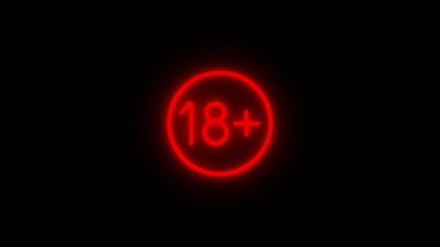 Bright red glowing neon sign showing adult content eighteen plus age restriction
