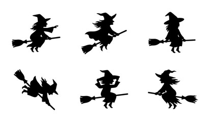Fototapeta premium Witch Silhouette Icons, Flying Witches Vector Set, Halloween Magic Symbols, Spooky Character Graphics
