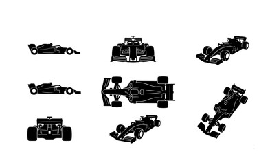 Fototapeta premium Formula 1 Racing Cars, Speed Sports Vehicles, Motorsport Icons Set, Black Silhouette Vector Graphics