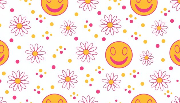 Retro 90s Acid Style Smiley Faces Floral Seamless Vector Pattern Design
