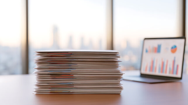 A tall stack of important business documents and paper reports sit on an office desk next to a modern laptop with financial chart graphs