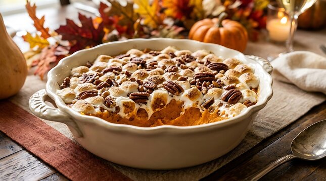 Sweet potato casserole topped with marshmallows and pecans, holiday dish.