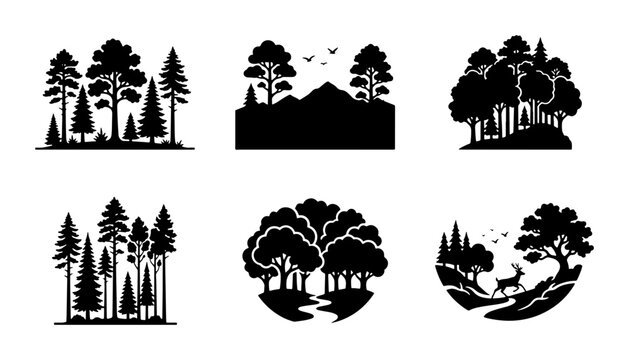 Forest Landscape Silhouettes, Nature Scenes, Woodland Icons, Outdoor Vector Graphics
