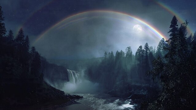 Full moon lunar halo above a tranquil river and waterfall at night with waterfall landscape atmospheric ethereal wilderness mystical nighttime