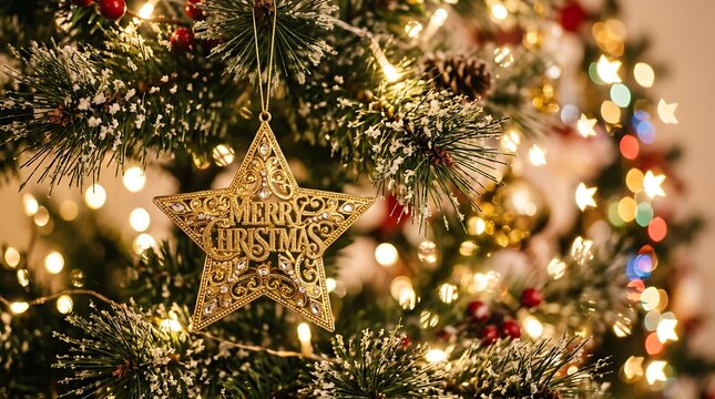 Close up of golden star ornament hanging on a decorated christmas tree