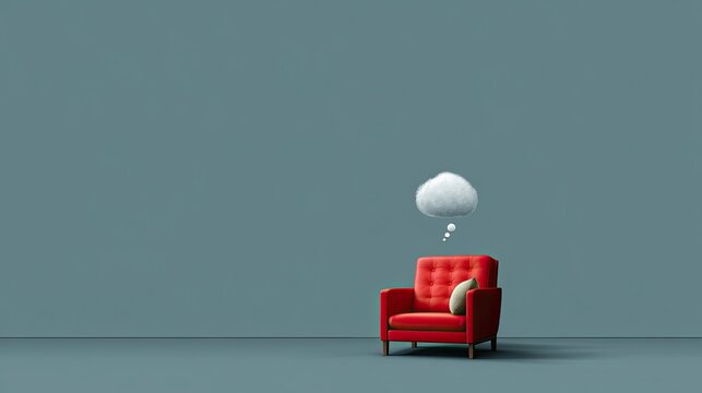 Armchair Pictogram Relaxing Bright Red Chair with Thought Bubble on Minimalist Background