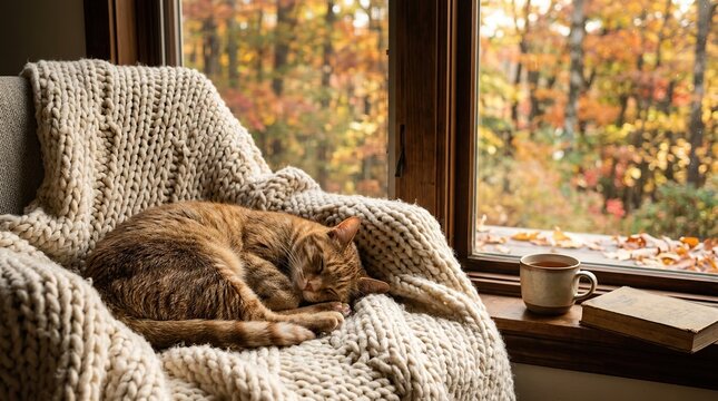 Cozy cat sleeping on a blanket by the window with a cup of coffee on a fall day