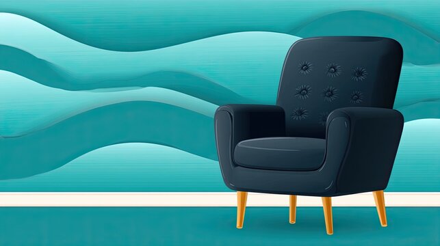Armchair Pictogram Relaxing Stylish Blue Armchair Against Vibrant Wave Pattern Background