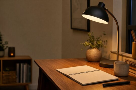 Warm evening study setup with desk lamp