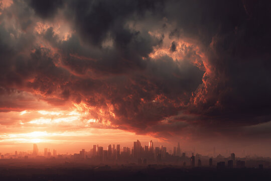 cityscape, megacity skyline under apocalyptic cloudscape, huge swirling firestorm above distant towers, photorealistic