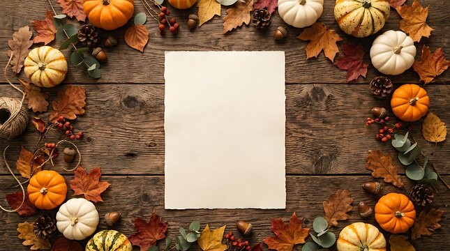 Rustic wooden table with scattered pumpkins autumn leaves and card.