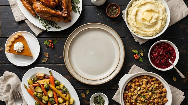 Thanksgiving dinner flat lay with roasted turkey and side dishes.