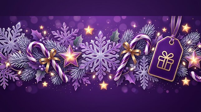 Festive Season Greetings and Celebratory New Year Banner Elegant Three Dimensional Holiday Decorations Featuring Detailed Snowflakes Striped Sweet Canes and Glowing Stars Promotional Discount Tag