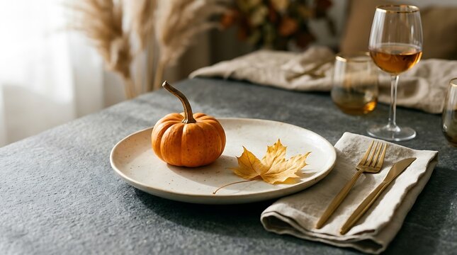 Minimalist autumn place setting with small orange pumpkin.