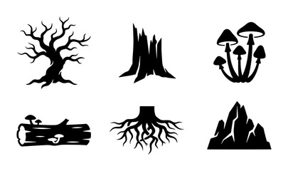 Fototapeta premium Forest Elements Icons: Tree, Stump, Mushrooms, Log, Roots, Mountain Vector Set