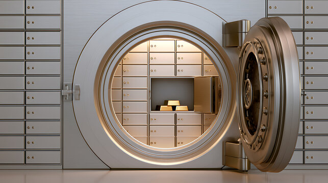 Open bank vault door with shiny gold bullion bars stacked inside safe deposit boxes room representing finance security wealth and investment