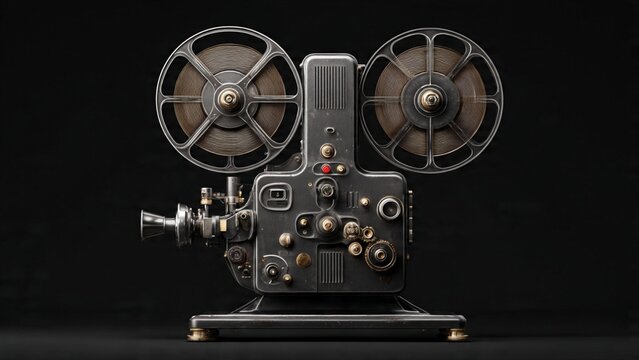 Vintage 16mm film projector isolated on black background with projector equipment technology mechanical nostalgia production entertainment isolated