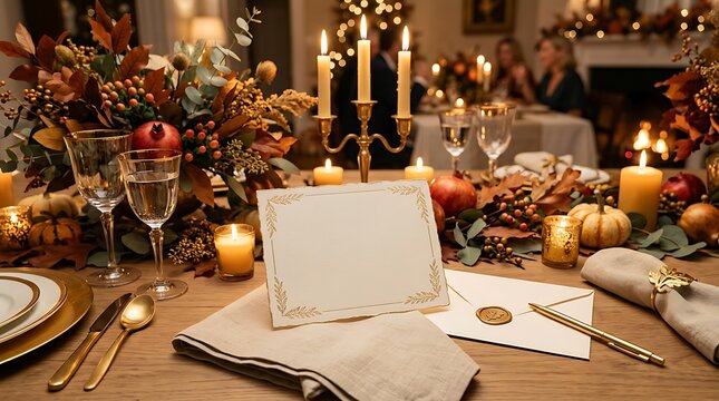 Elegant dinner table setting with candles for thanksgiving.