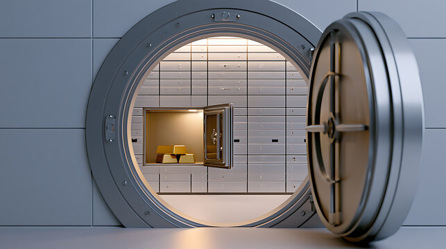 A heavy metal bank vault door open to reveal secure safety deposit boxes and shiny gold bullion bars inside a financial institution