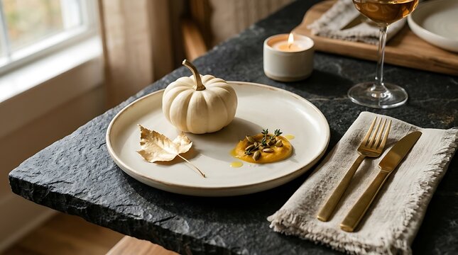 Gourmet pumpkin dessert on plate with golden leaf and candle.