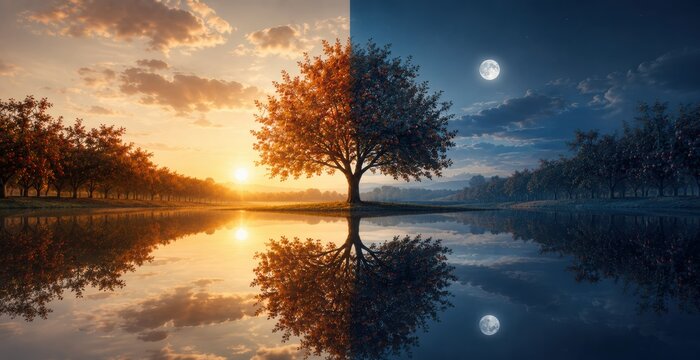 Equinox Apple Orchard Reflected Between Golden Day and Moonlit Night