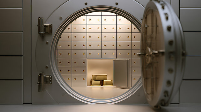 Open bank vault door with heavy steel design revealing bright interior safe deposit boxes and stacked gold bullion bars in storage room