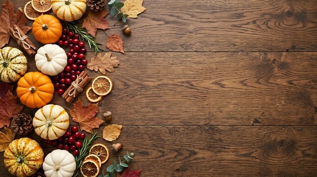 Miniature pumpkins and autumn leaves lie on wooden surface.