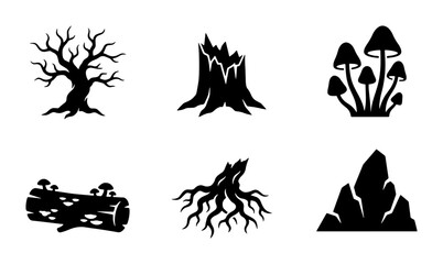 Fototapeta premium Forest Elements Vector Icons: Tree, Stump, Mushrooms, Log, Roots, Rocks