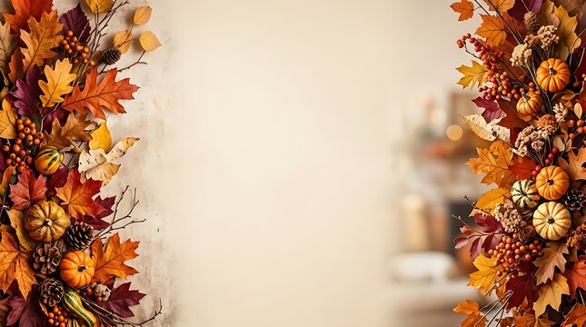 Autumn leaves and pumpkins frame for festive seasonal design.