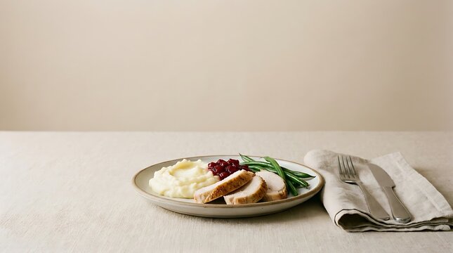 Sliced turkey breast served with mashed potatoes and greenery.