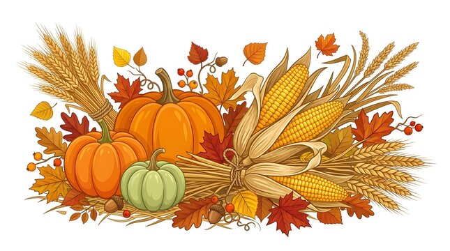 Autumn harvest with pumpkins, corn cobs, wheat sheaves, and colorful fall leaves on a white background