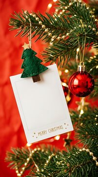 Blank instant photo card hanging on a christmas tree branch with blank mockup