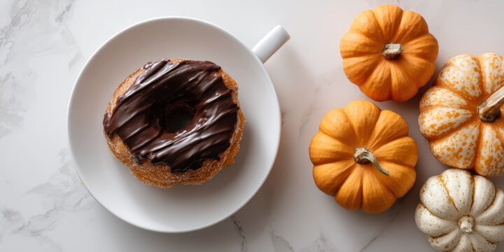 Autumn breakfast scene featuring a round pastry topped with chocolate, a warm drink, and small decorative pumpkins on a light background