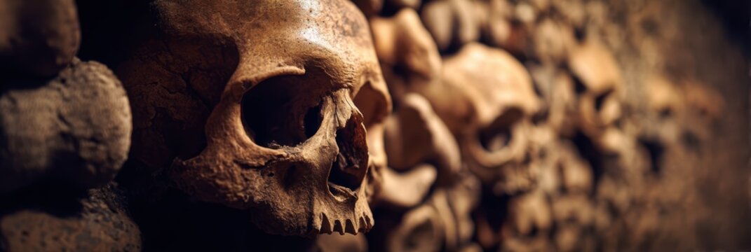 Wall of Human Skulls in an Underground Catacomb