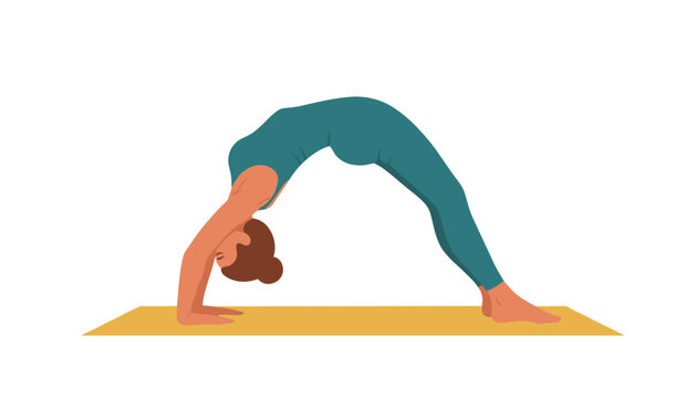 Young female athlete performing advanced wheel pose or urdhva dhanurasana on a yellow mat during yoga practice.