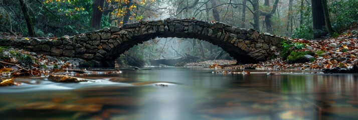 Fototapeta premium Medieval packhorse bridge with a single arch over a river, featuring elements from a 14th-century structure and constructed in 1619