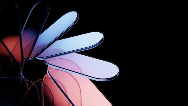 Radial glass reflections with rigid glossy forms on black background.