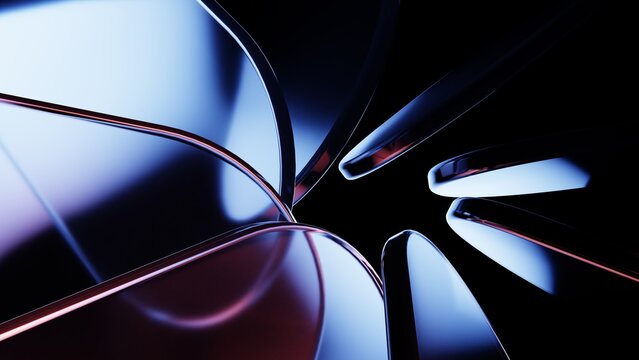 Sharp glass reflections with radial rigid forms on black background.