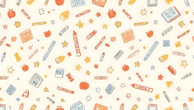 Cute Hand Drawn School Supplies Seamless Pattern in Soft Pastel Colours