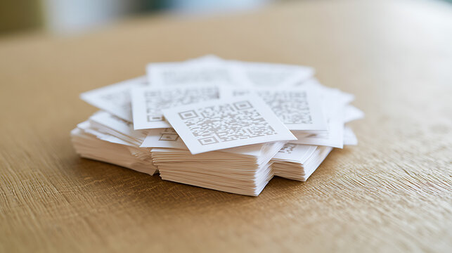 A neat stack of small white square paper cards printed with black matrix identification codes arranged on a warm wooden office table surface desk