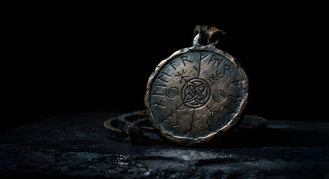 Bronze rune amulet pendant with leather cord on dark stone close up