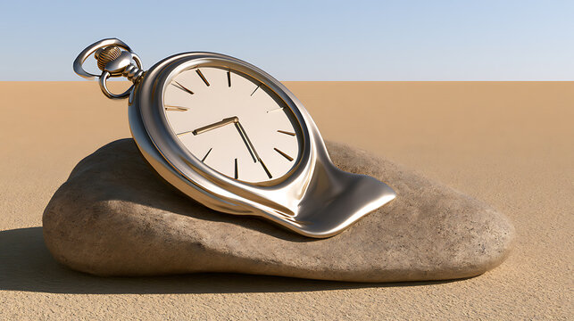Surreal melting pocket watch draped over a stone in a vast desert landscape, symbolizing the passage of time and relativity in art
